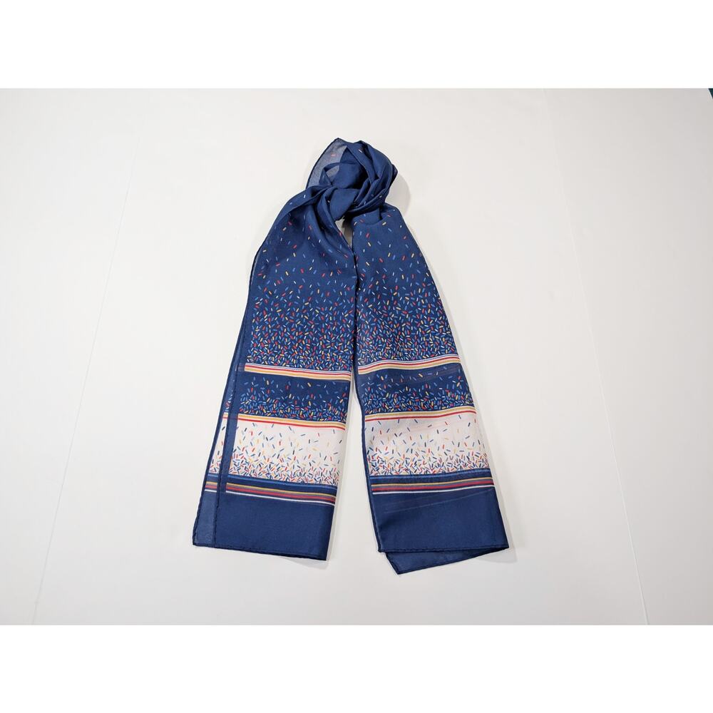 Vintage Scarf Navy Blue Sheer Colorful Sprinkles Stripes Rectangular
